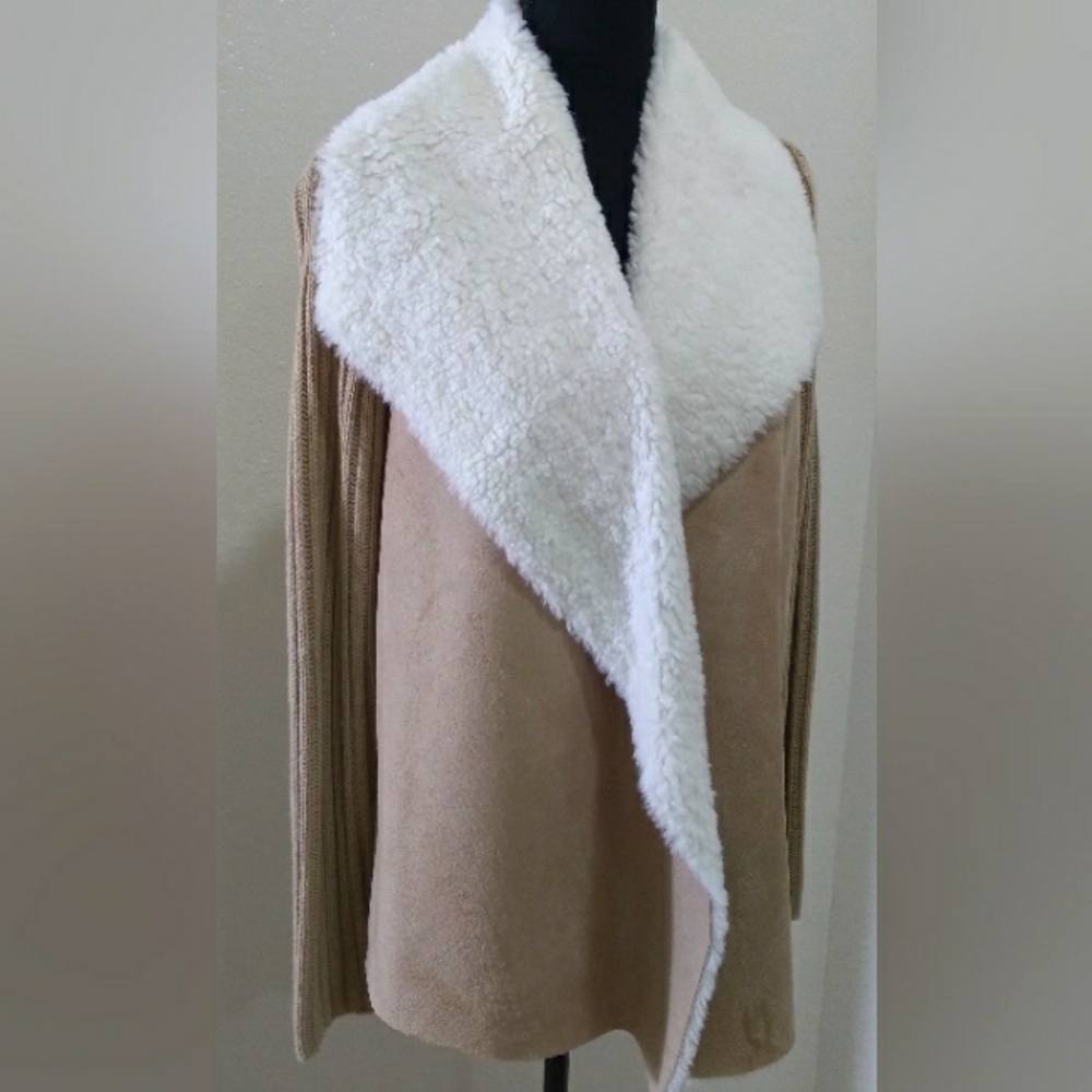 Faded Glory Tan Faux Suede/ Faux Sherpa Collar Lining  Long Sleeve Cardi… - Picture 3 of 9